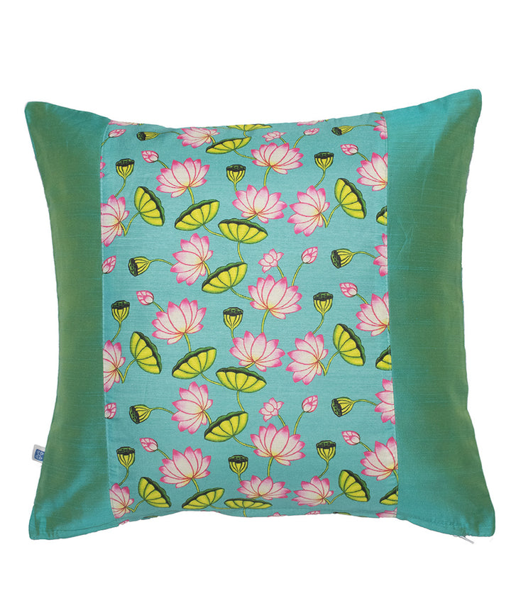 Sky blue pink hand printed art silk cushion cover