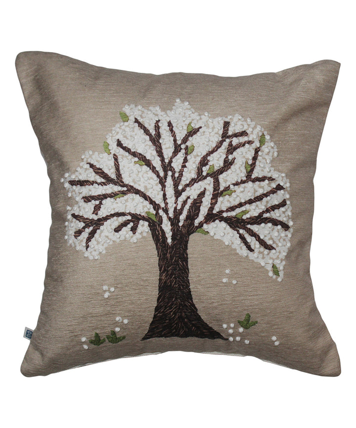 Grey offwhite hand embroidered cotton cushion cover