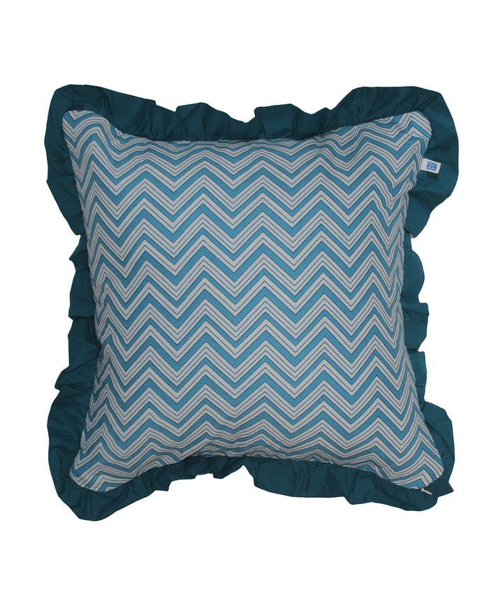 Cyan blue hand printed cotton cushion cover