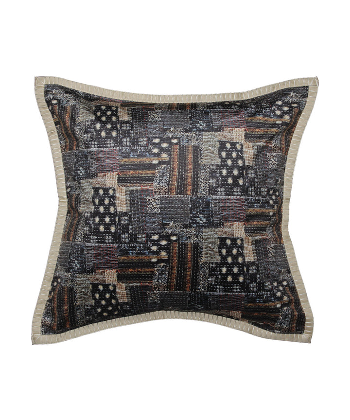 Black hand printed silk velvet cushion cover