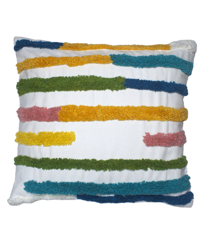 Multicolor striped cotton hand embroidered cushion cover