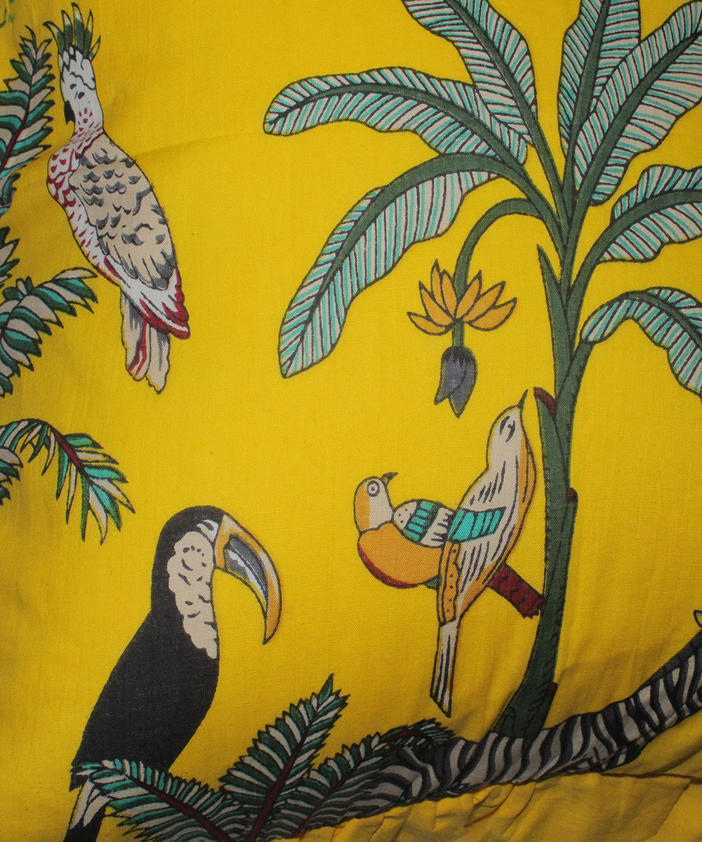 Yellow hand printed cotton cushion cover