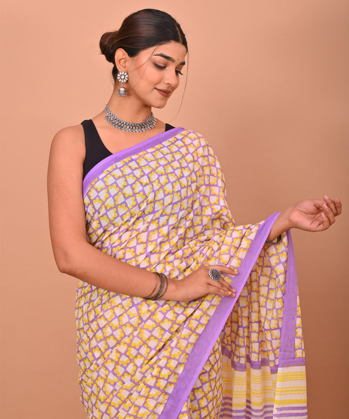 Purple yellow hand printed bagru cotton saree