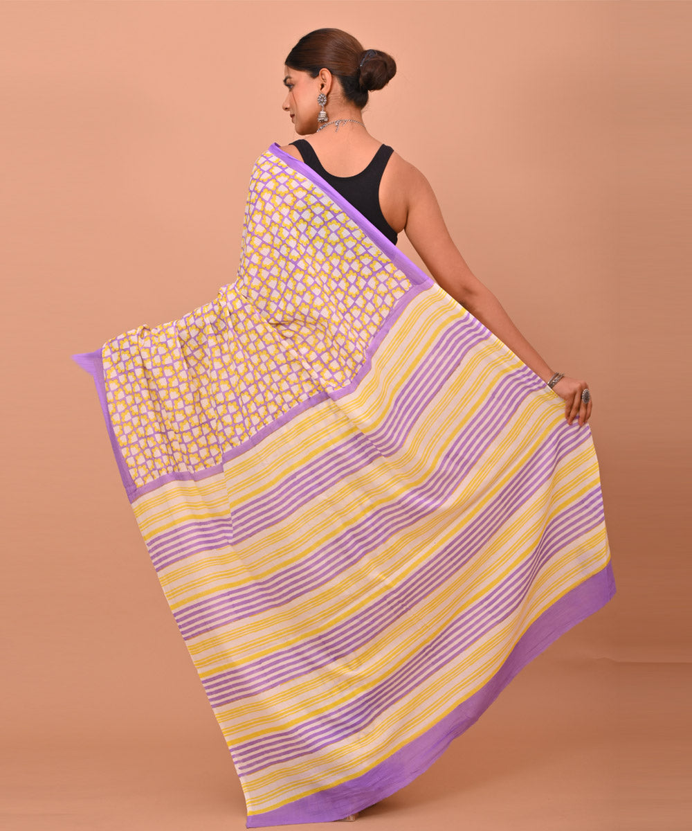 Purple yellow hand printed bagru cotton saree