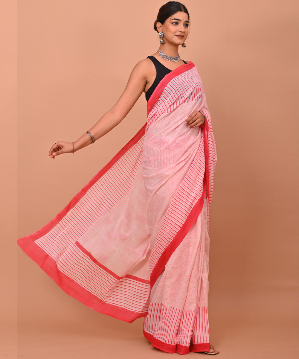 White red pink cotton hand printed bagru saree