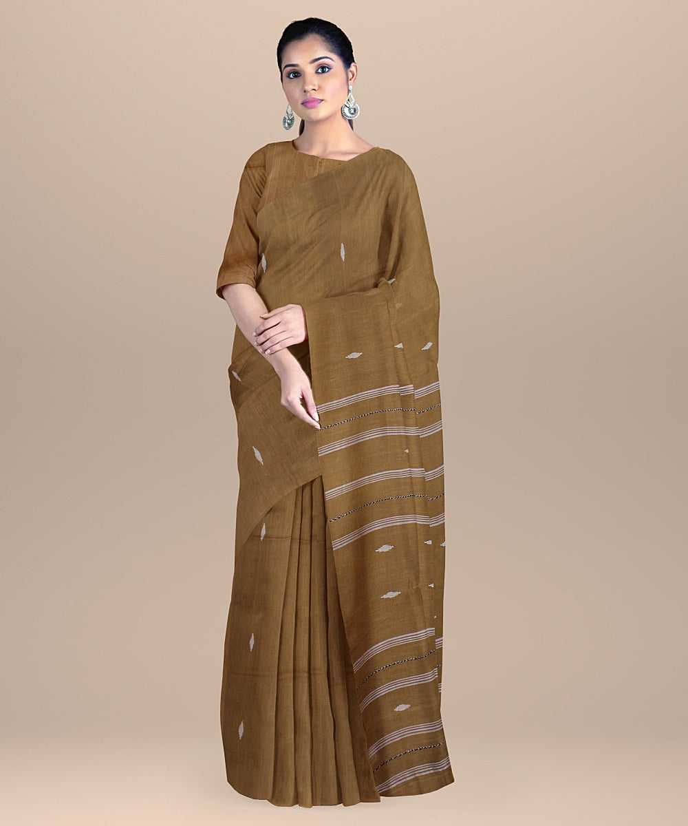 Brown offwhite handloom cotton bengal saree