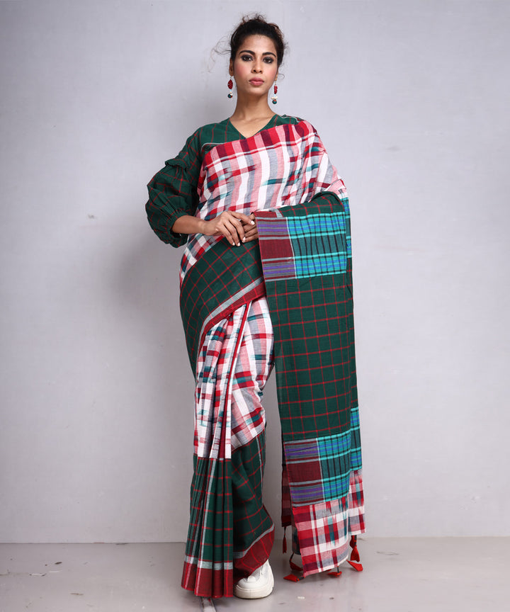 White red green cotton handloom gamcha saree