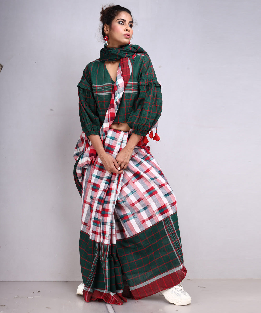 White red green cotton handloom gamcha saree