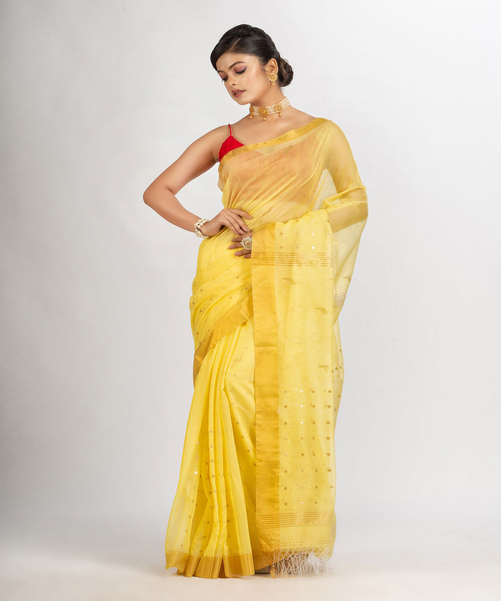 Yellow cotton silk handwoven sequin bengal saree
