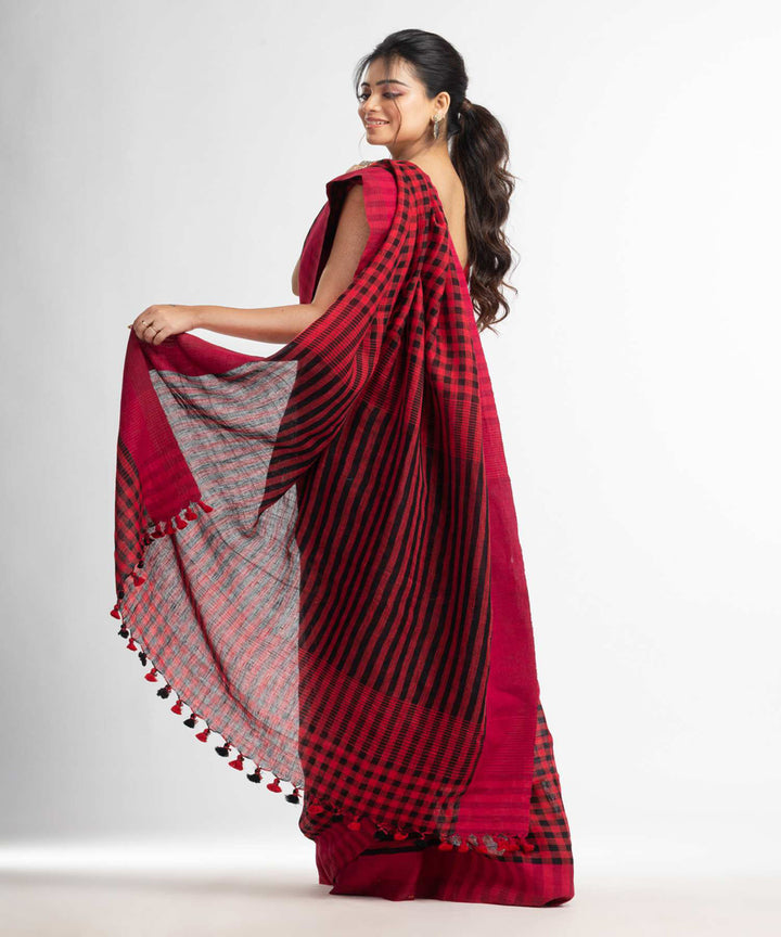 Red black handwoven bengal linen saree