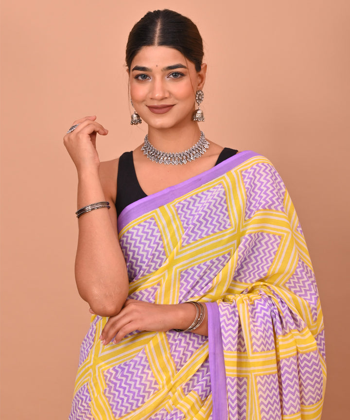 Purple yellow cotton hand printed bagru saree