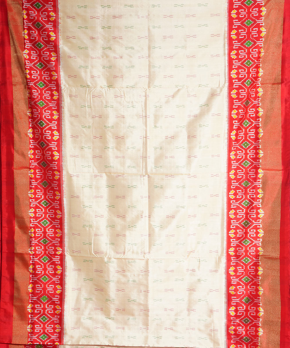 Beige red handwoven pochampally ikat silk saree