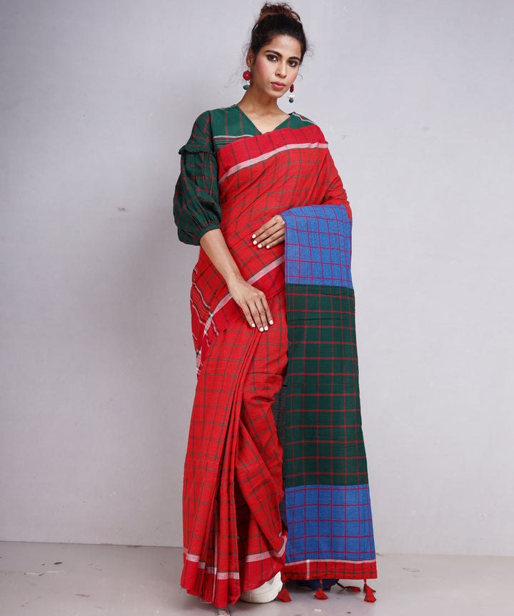 Red dark green cotton handloom gamcha saree