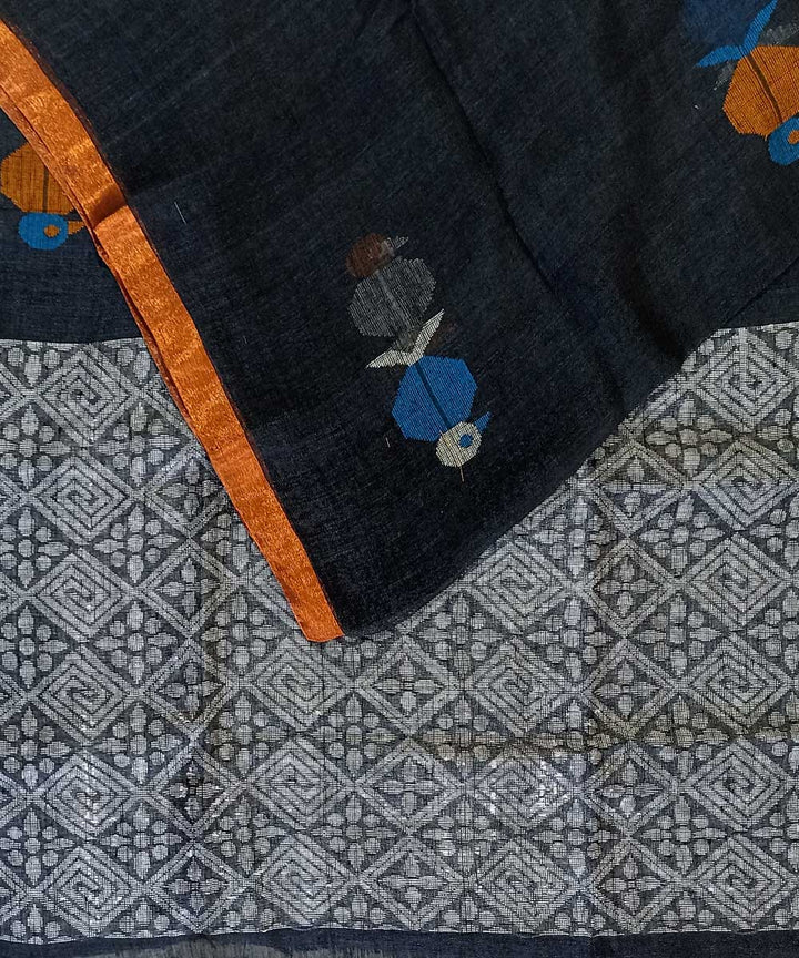 Black multicolor handloom bengal linen saree