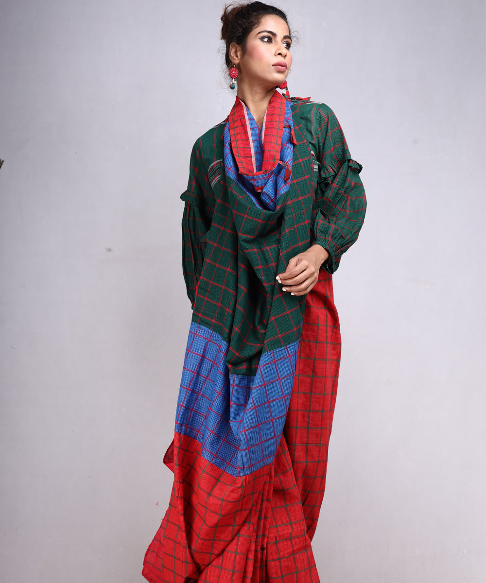 Red dark green cotton handloom gamcha saree