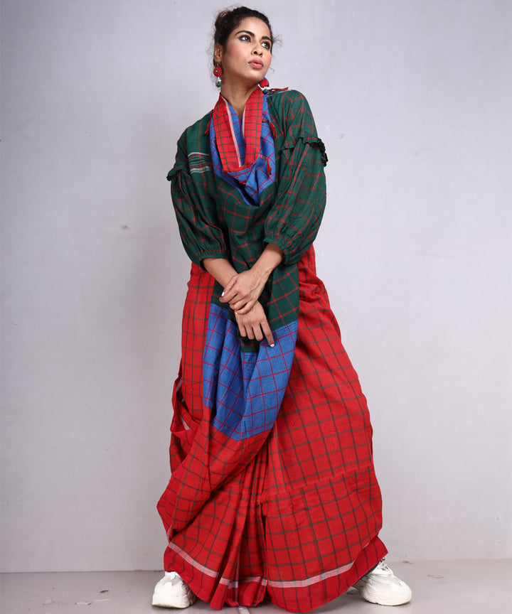 Red dark green cotton handloom gamcha saree