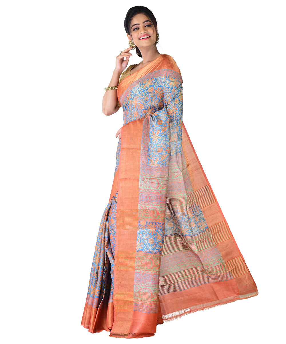 Brown cyan blue hand printed tussar silk saree