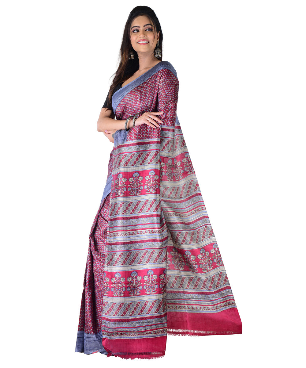 Maroon multicolor hand printed silk saree