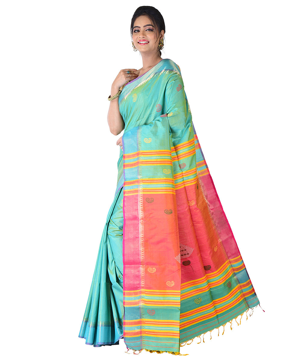 Light green red handwoven silk saree