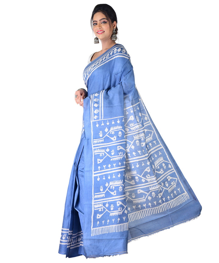 Grey offwhite hand batik printed silk saree