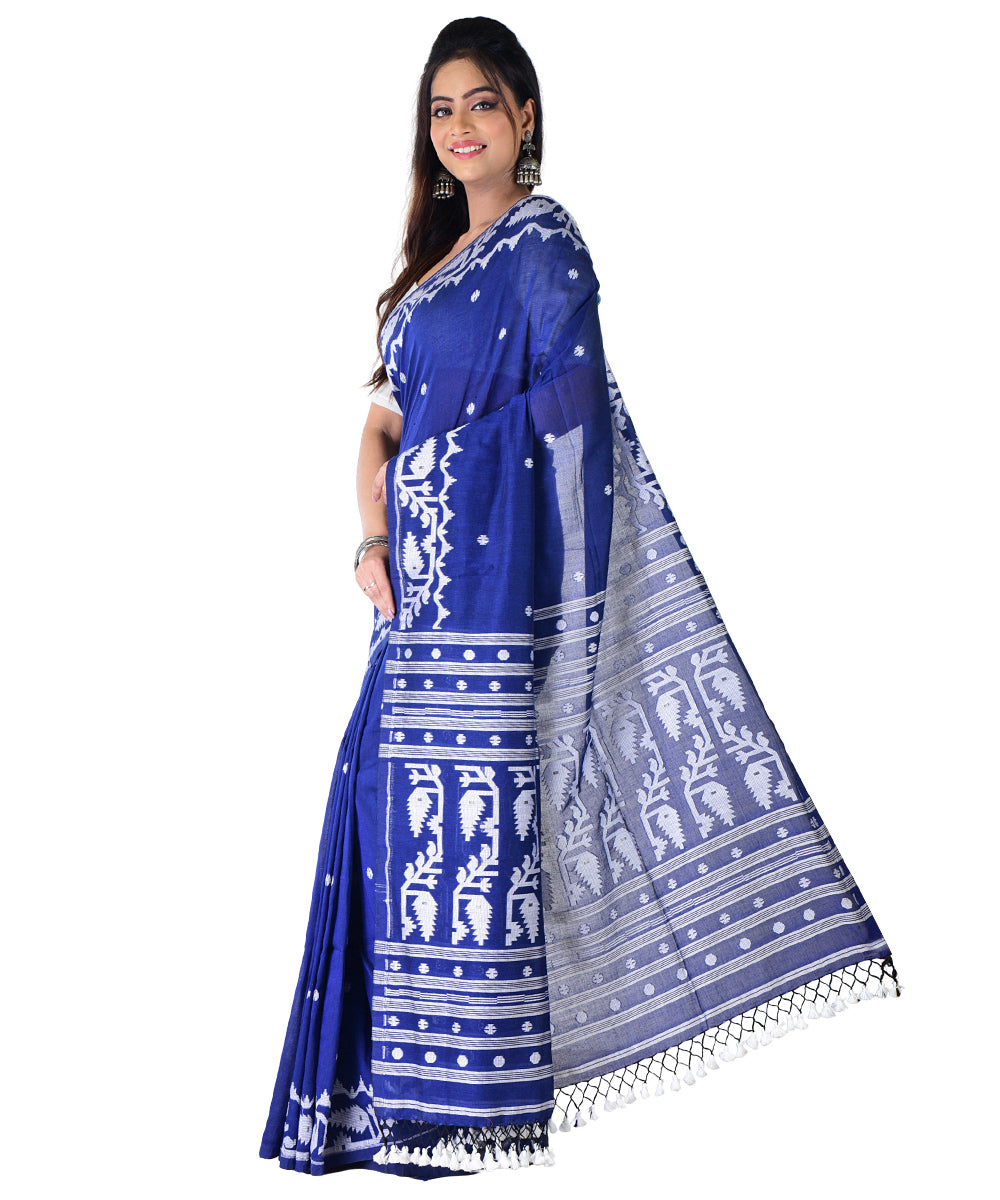 Navy blue white handwoven cotton saree