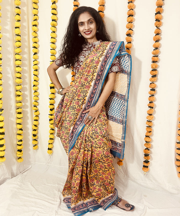 Yellow hand block sanganeri print chanderi sico saree