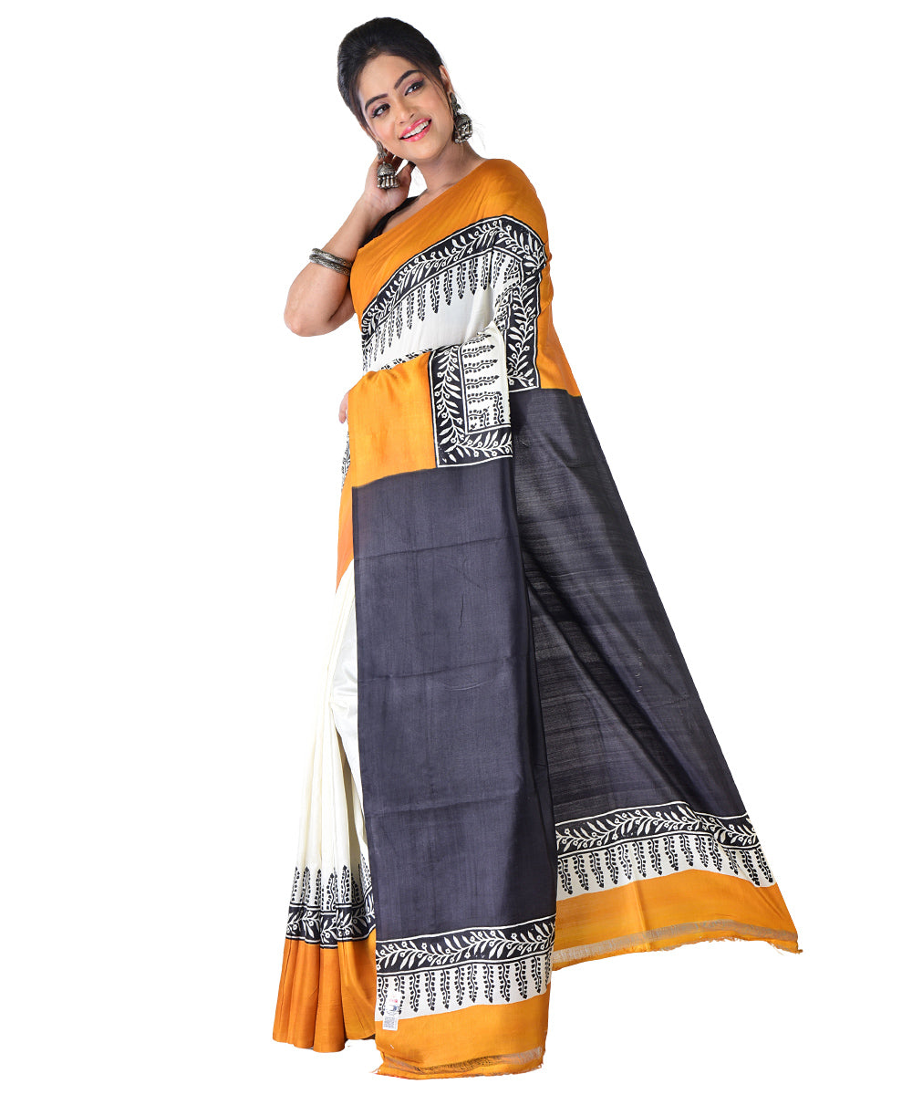 White mustard handwoven silk saree