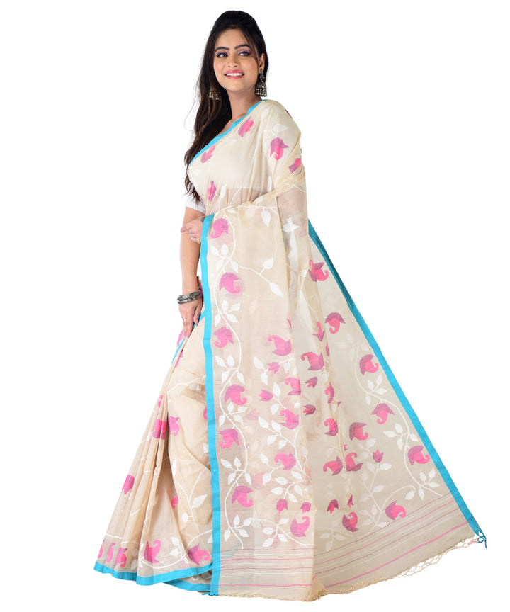 Beige sky blue multicolor handwoven cotton saree