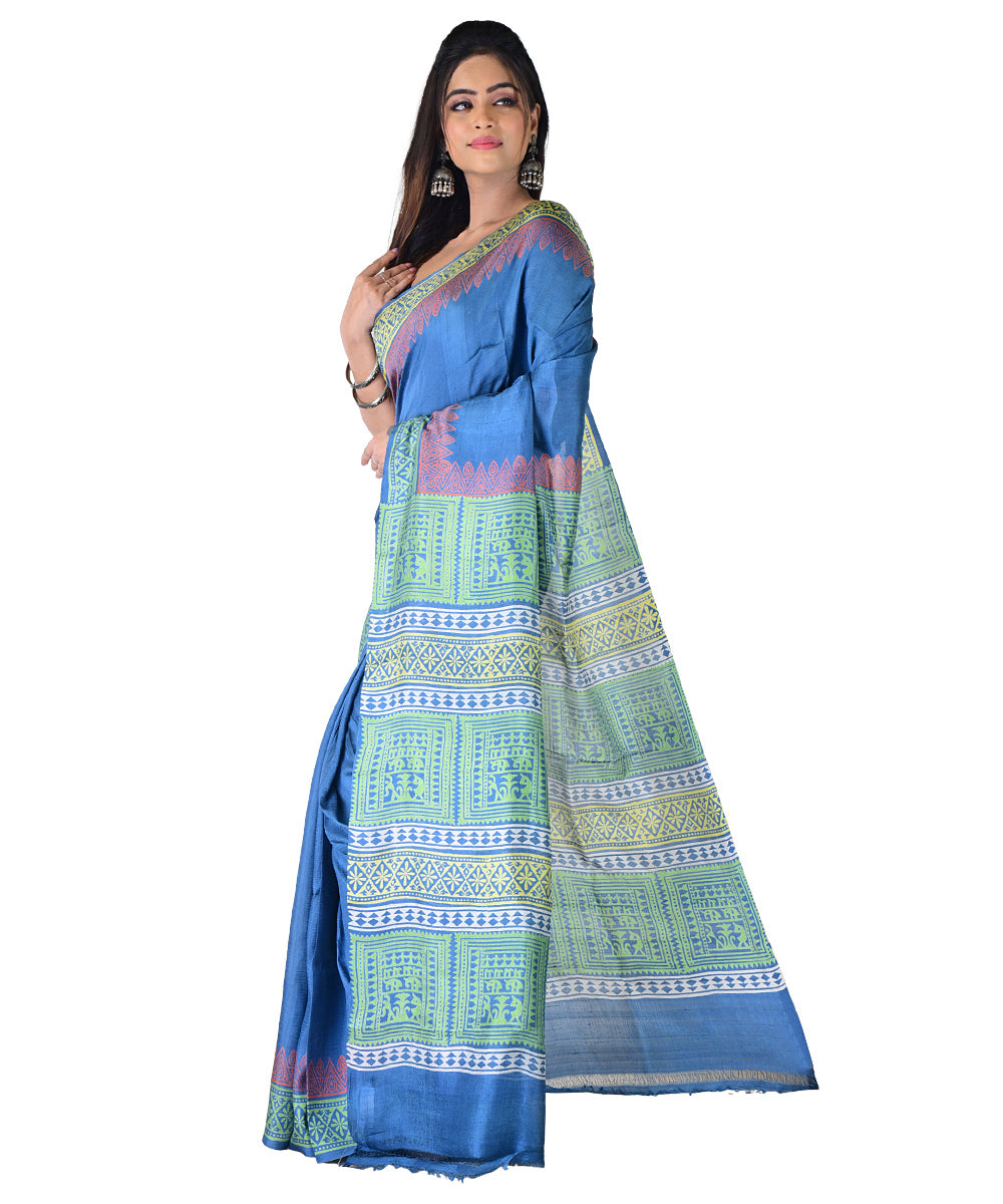 Cyan blue multicolor hand printed silk saree