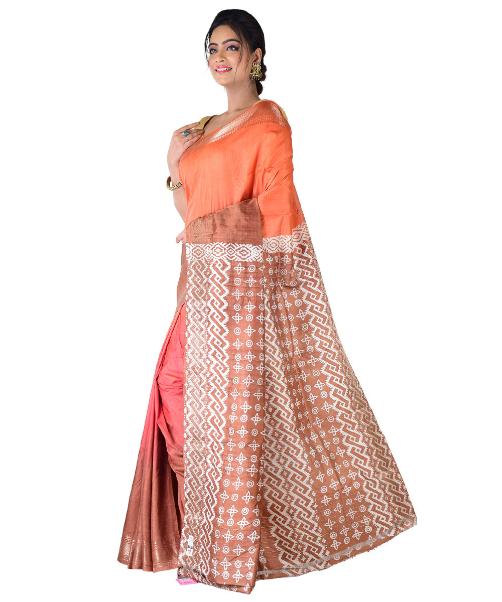 Maroon hand printed silk saree