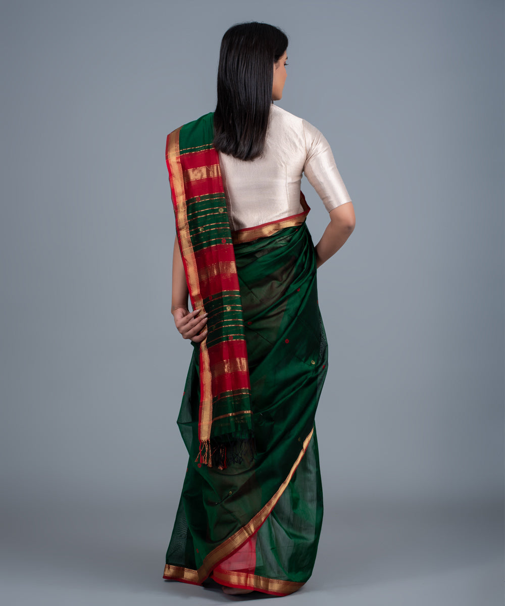 Green red handwoven maheshwari cotton silk saree