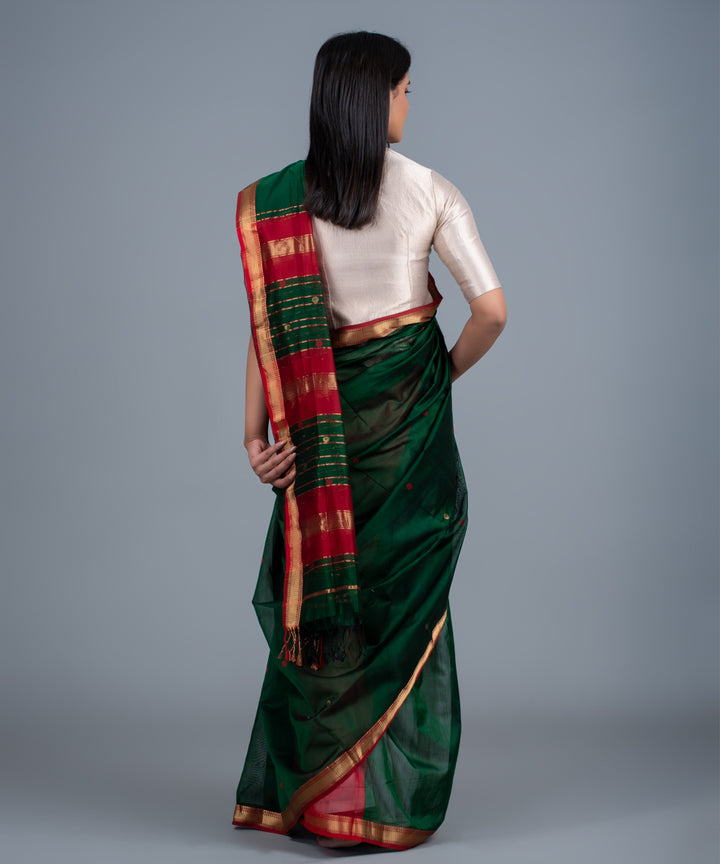 Green red handwoven maheshwari cotton silk saree