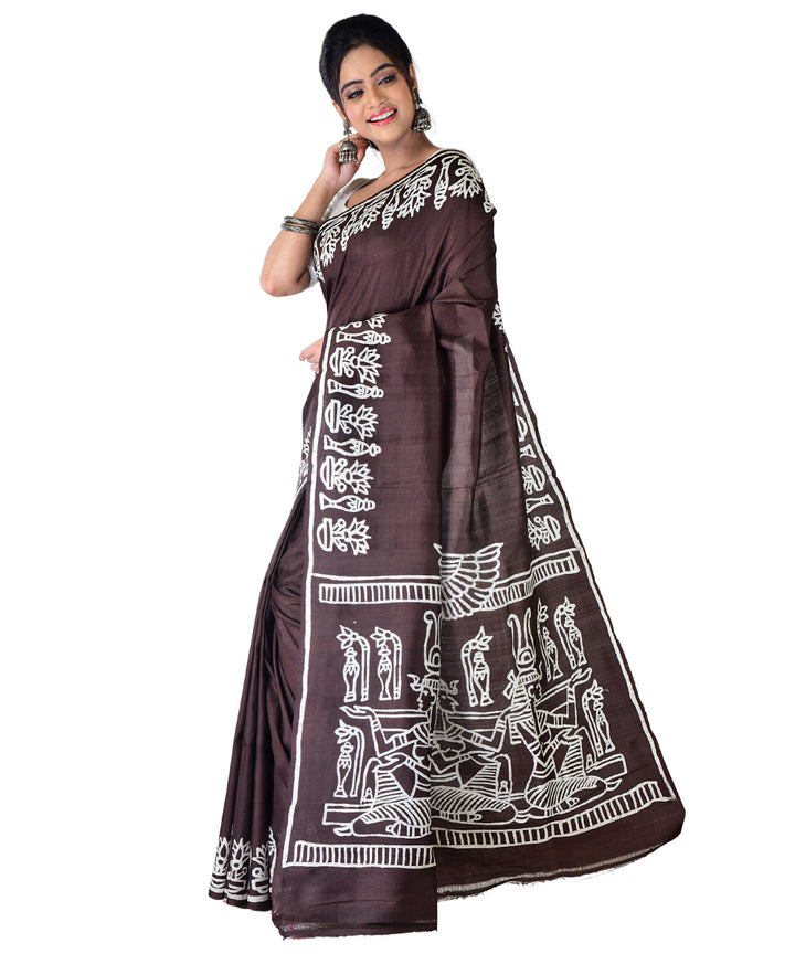 Black white hand printed silk saree