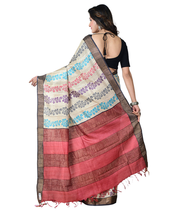 Beige multicolor block print handprinted tussar silk saree