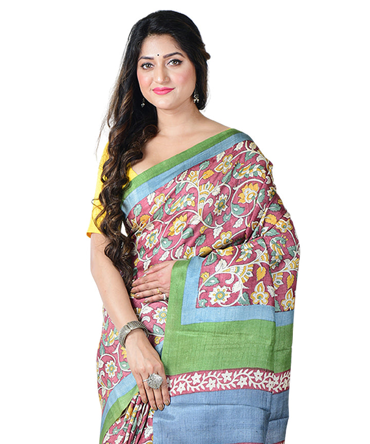 Multicolor maroon block print handprinted tussar silk saree