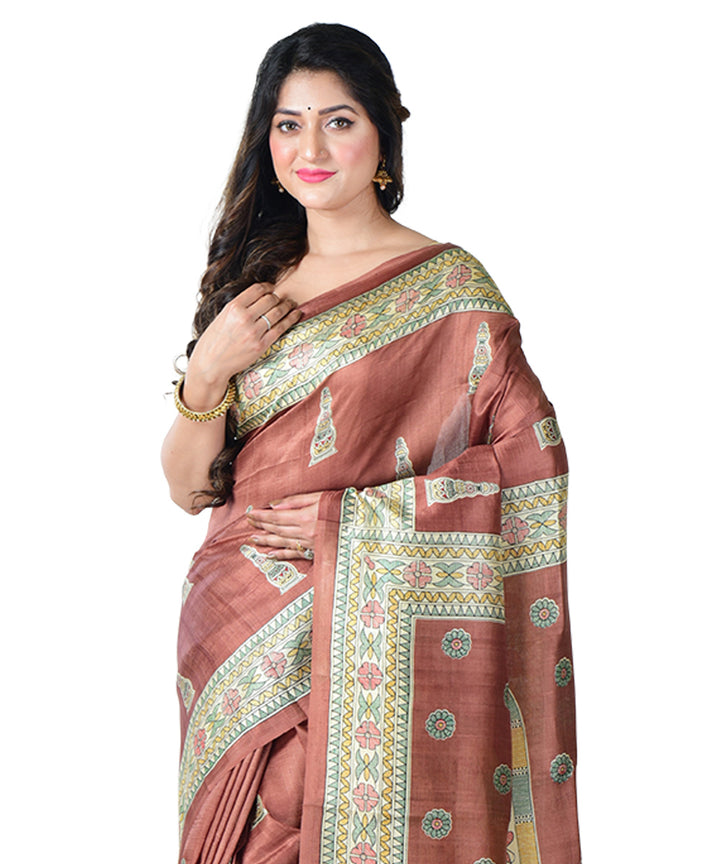 Brown multicolor  handprinted silk saree