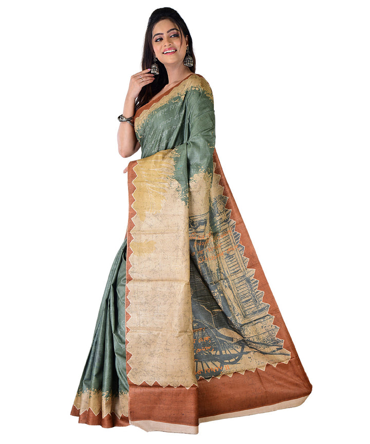 Light green multicolor hand printed tussar silk saree