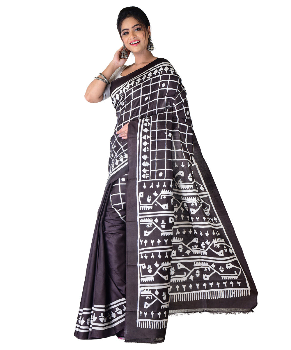 Black offwhite hand batik printed silk saree