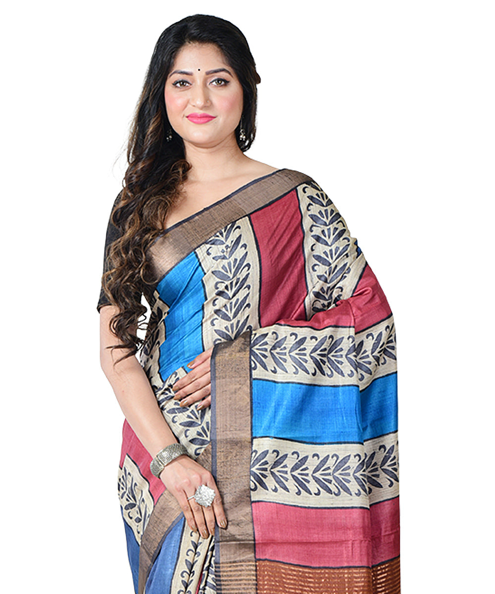 Multicolor cyan blue block print handprinted tussar silk saree