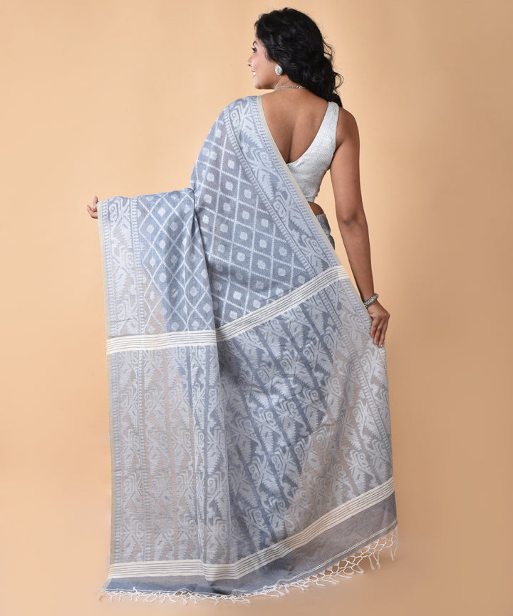 Lavender offwhite cotton handwoven jamdani saree