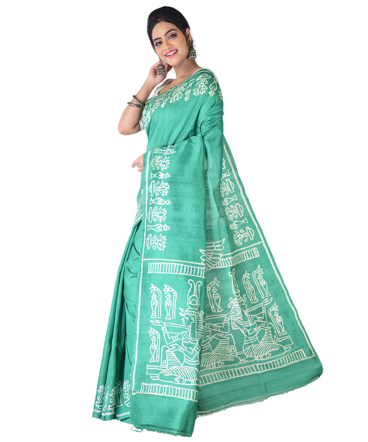 Light green offwhite hand printed silk saree