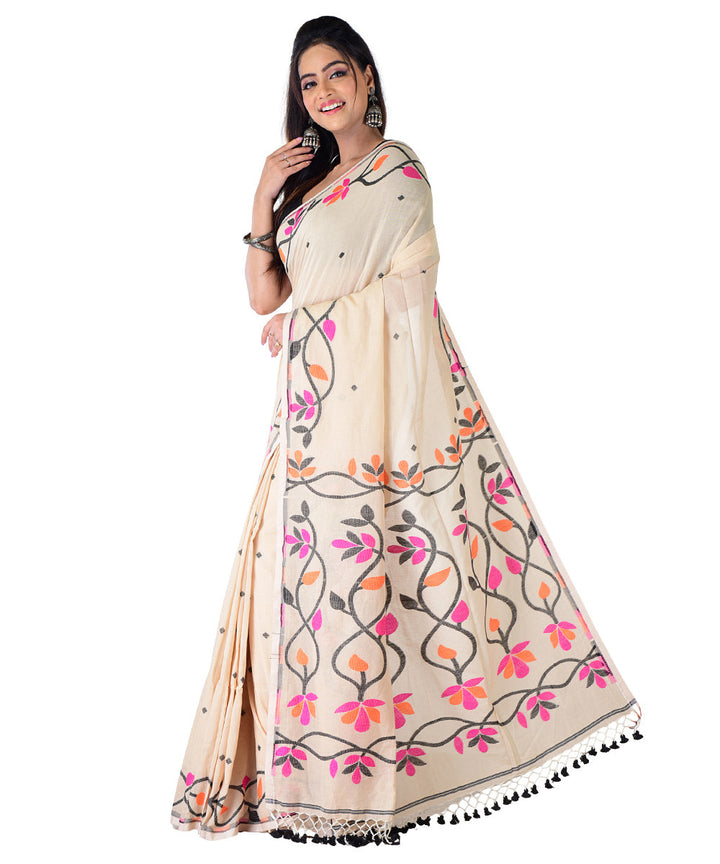 Beige multicolor handwoven cotton saree