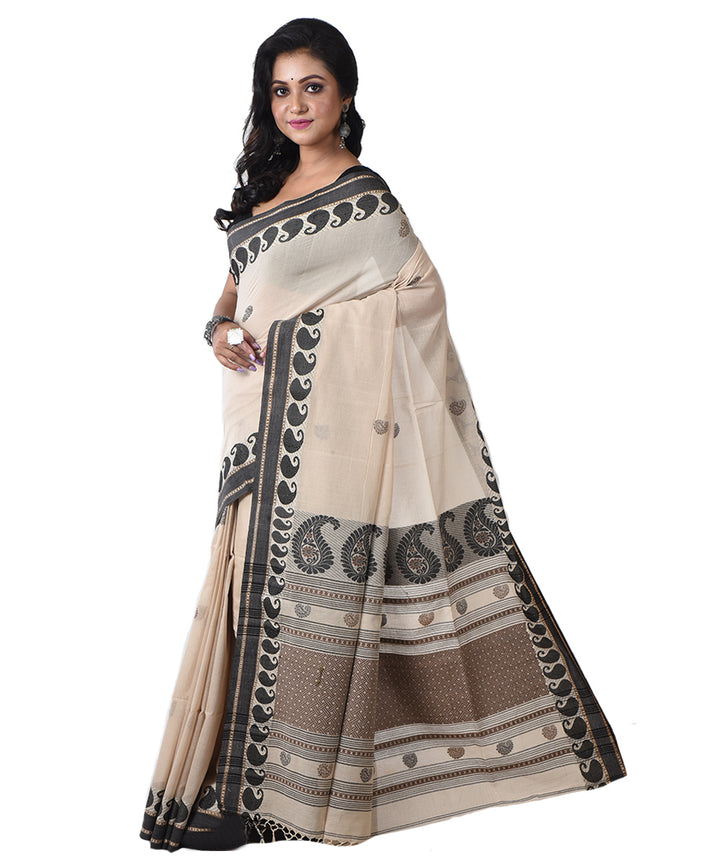 Beige black cotton handloom shantipuri saree