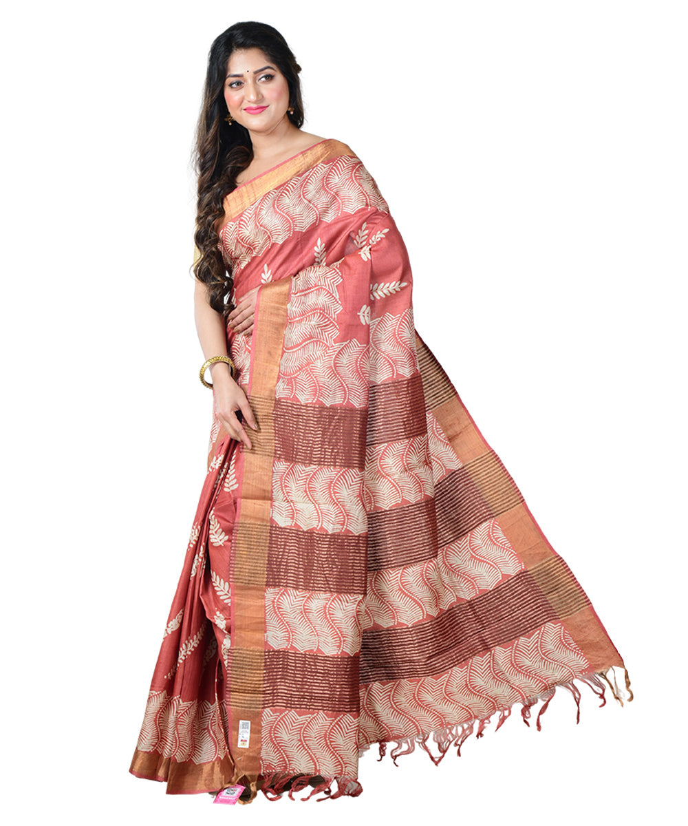 Red white block print handprinted tussar silk saree
