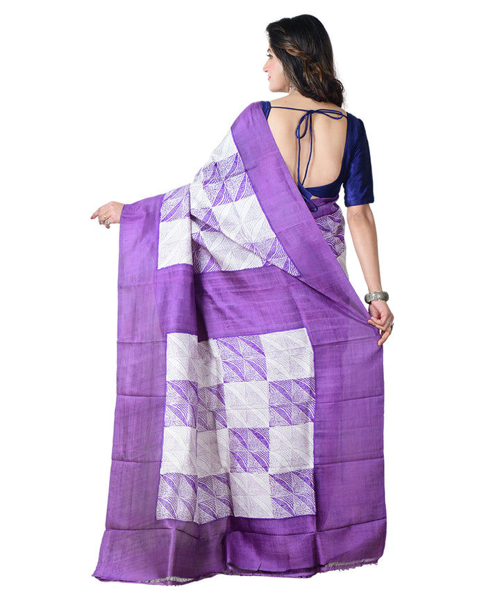 Purple purple block print handprinted silk saree