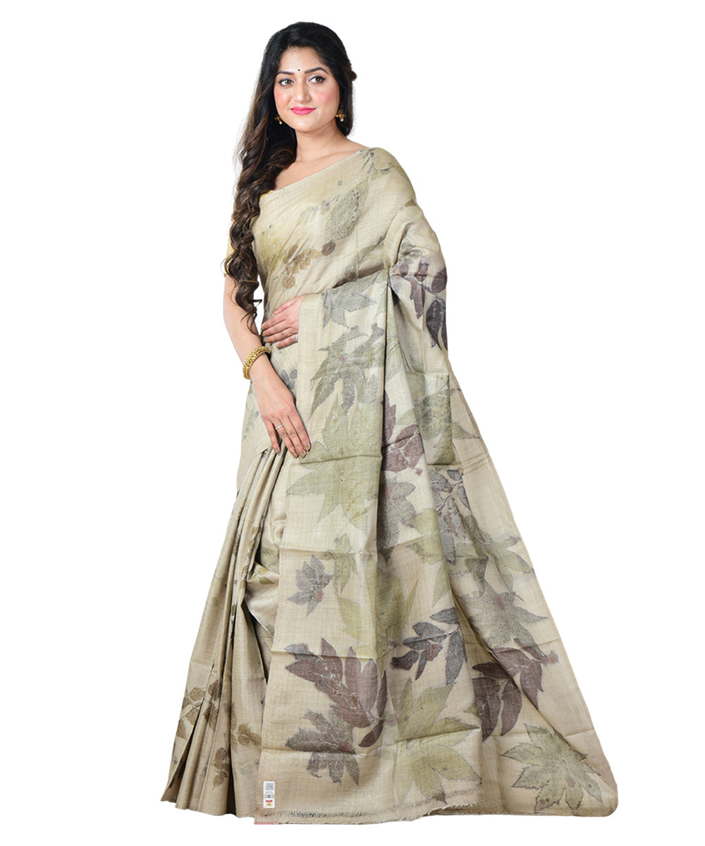 Beige grey  handprinted tussar silk saree