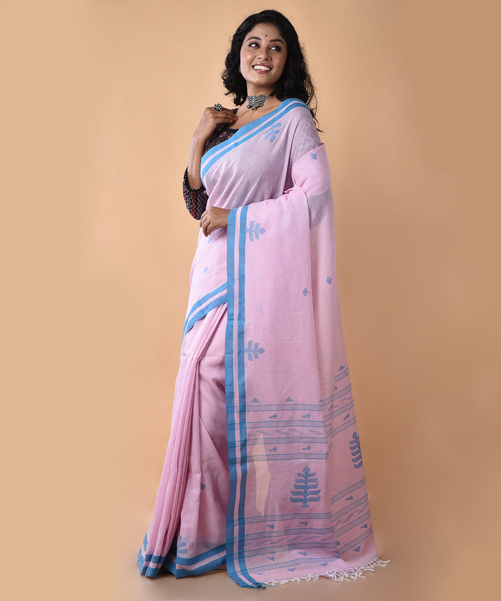 Pink blue cotton handwoven jamdani saree