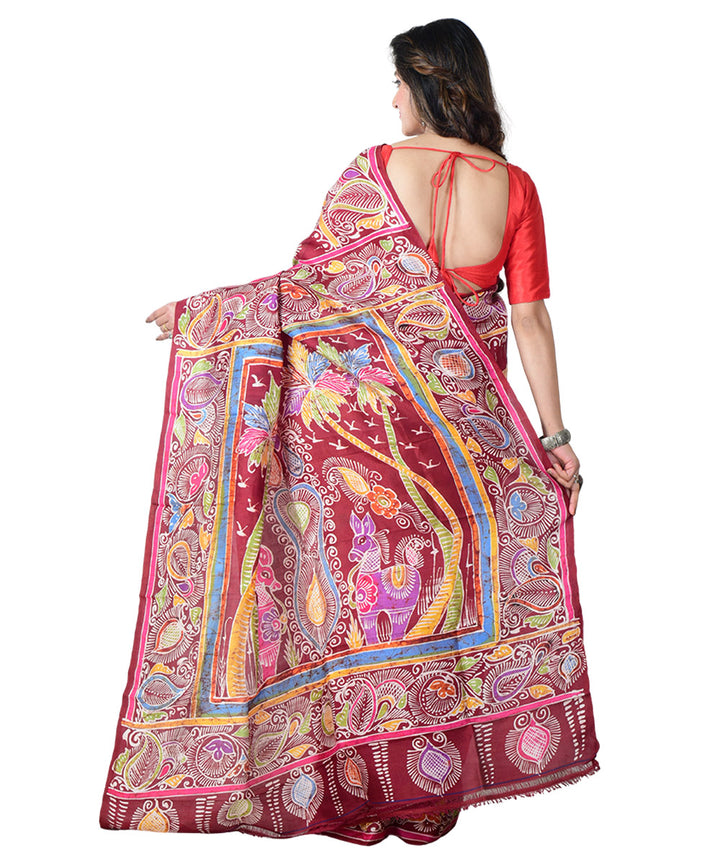 Brown multicolor batik print handprinted silk saree