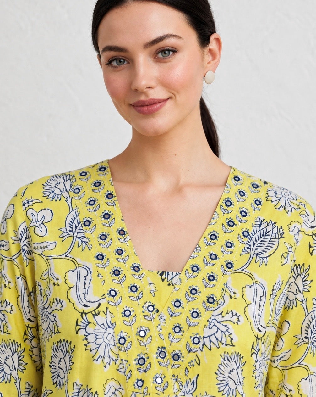 Lime green hand block printed A line cotton kurta set