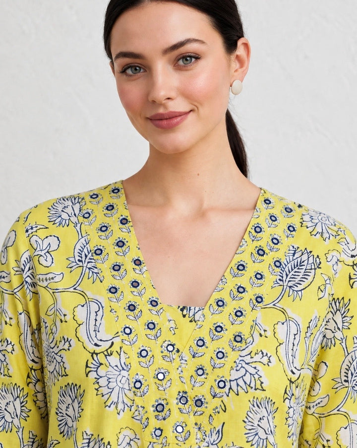 Lime green hand block printed A line cotton kurta set